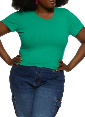 Womens Plus Size Basic Ribbed Knit Short Sleeve Top, Green, Size 1X