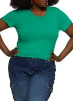Womens Plus Size Basic Ribbed Knit Short Sleeve Top, Green, Size 1X