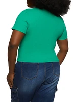 Womens Plus Size Basic Ribbed Knit Short Sleeve Top, Green, Size 1X