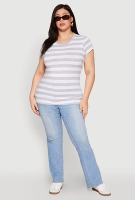 Womens Plus Size Striped Crew Neck Tee, Grey, Size 3X