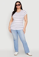 Womens Plus Size Striped Crew Neck Tee, Grey, Size 3X