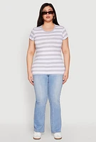 Womens Plus Size Striped Crew Neck Tee, Grey, Size 3X