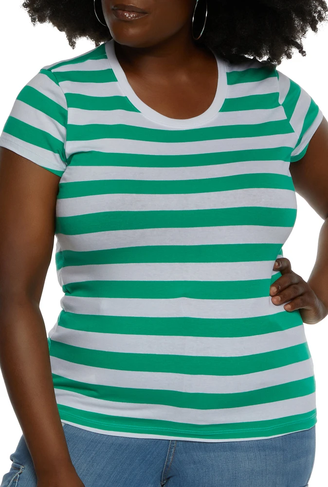 Womens Plus Size Striped Crew Neck Tee, Green, Size 1X