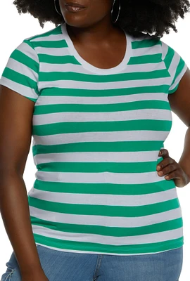 Womens Plus Size Striped Crew Neck Tee, Green, Size 1X