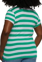 Womens Plus Size Striped Crew Neck Tee, Green, Size 1X