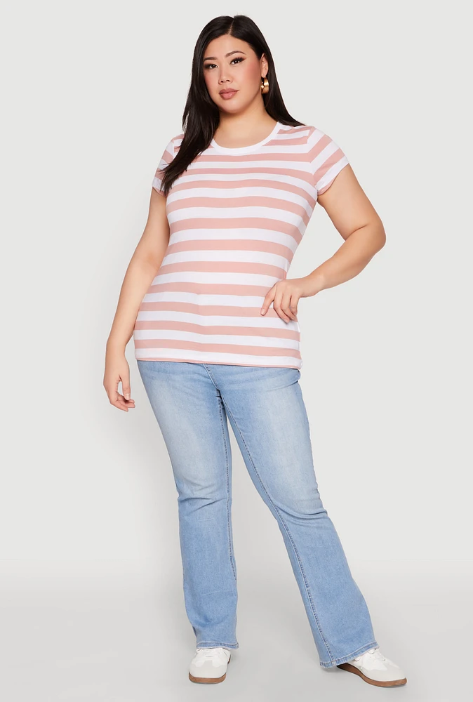 Womens Plus Striped Crew Neck Tee,