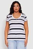 Womens Plus Striped V Neck Tee, Multi,