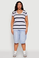 Womens Plus Striped V Neck Tee, Multi,