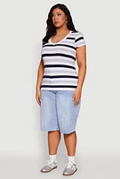 Womens Plus Striped V Neck Tee, Multi,