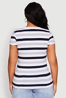 Womens Plus Striped V Neck Tee, Multi,