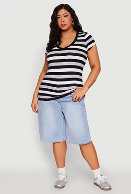 Womens Plus Striped V Neck Tee, Multi,