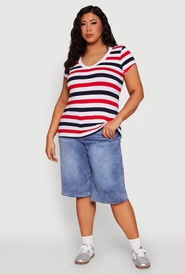 Womens Plus Striped V Neck Tee, Multi,