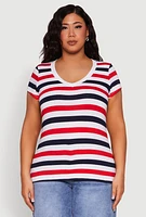 Womens Plus Striped V Neck Tee, Multi,