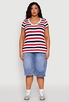 Womens Plus Striped V Neck Tee, Multi,