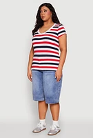 Womens Plus Striped V Neck Tee, Multi,