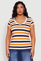 Womens Plus Size Striped V Neck Tee, Multi, Size 3X