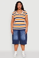 Womens Plus Size Striped V Neck Tee, Multi, Size 3X