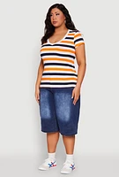 Womens Plus Size Striped V Neck Tee, Multi, Size 3X