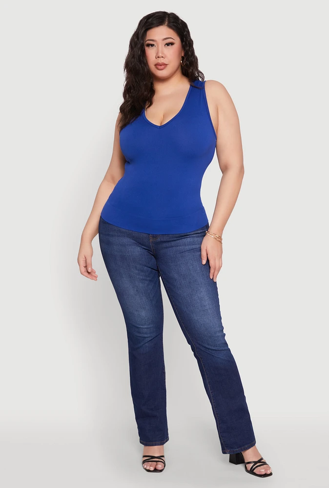 Womens Plus Size Seamless V Neck Rib Knit Top, Blue, Size 1X-2X