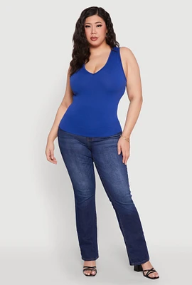 Womens Plus Size Seamless V Neck Rib Knit Top, Blue, Size 1X-2X