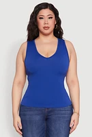 Womens Plus Size Seamless V Neck Rib Knit Top, Blue, Size 1X-2X