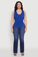 Womens Plus Size Seamless V Neck Rib Knit Top, Blue, Size 1X-2X