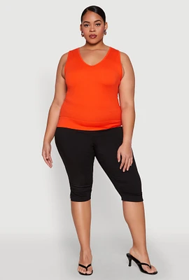 Womens Plus Seamless V Neck Rib Knit Top,