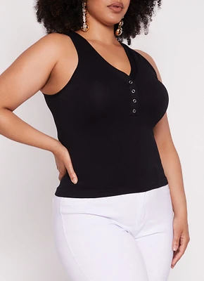 Womens Plus Size Seamless Ribbed Snap Button Tank Top, Black, Size 2X-3X