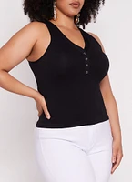 Womens Plus Size Seamless Ribbed Snap Button Tank Top, Black, Size 2X-3X