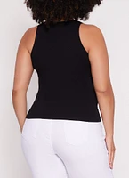 Womens Plus Size Seamless Ribbed Snap Button Tank Top, Black, Size 2X-3X
