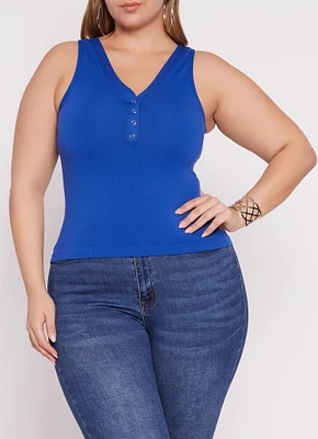Womens Plus Seamless Ribbed Snap Button Tank Top,
