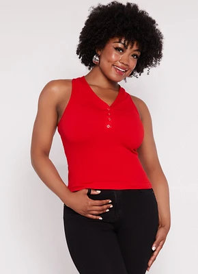 Womens Plus Size Seamless Ribbed Snap Button Tank Top, Red, Size 1X-2X