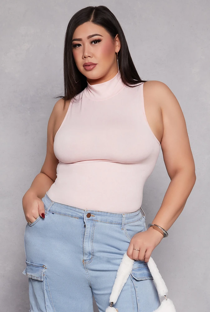 Womens Plus Size Mock Neck Tank Top, Pink, Size 1X-2X