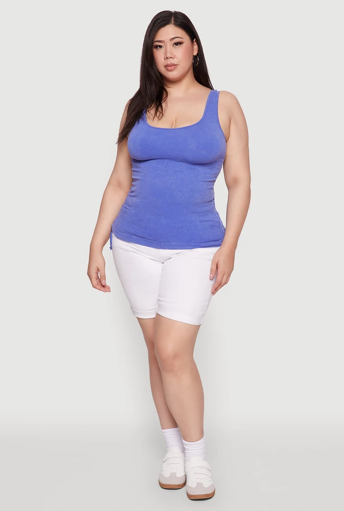 Womens Plus Size Trendy Mineral Wash Side Ruched Tank Top, Blue, Size 2X-3X