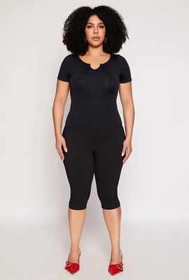 Womens Plus Size Seamless Notch Neck Tee, Black, Size 1X-2X
