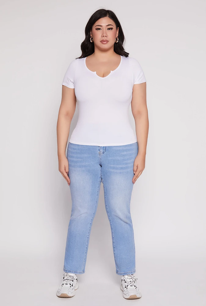 Womens Plus Size Seamless Notch Neck Tee, White, Size 1X-2X