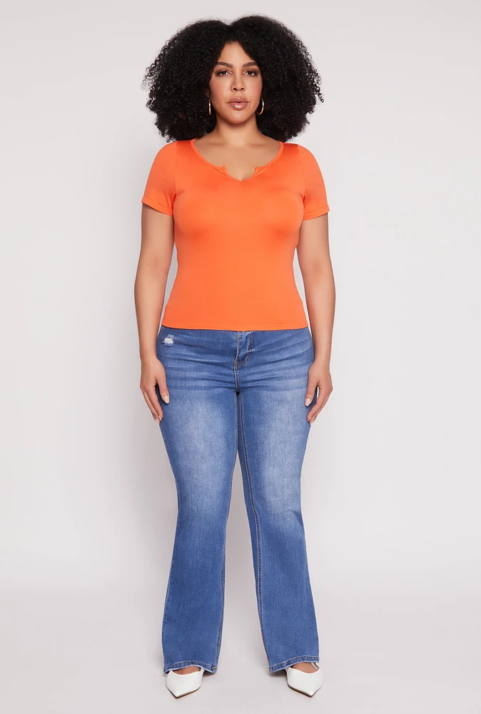 Womens Plus Size Seamless Notch Neck Tee, Orange, Size 2X-3X