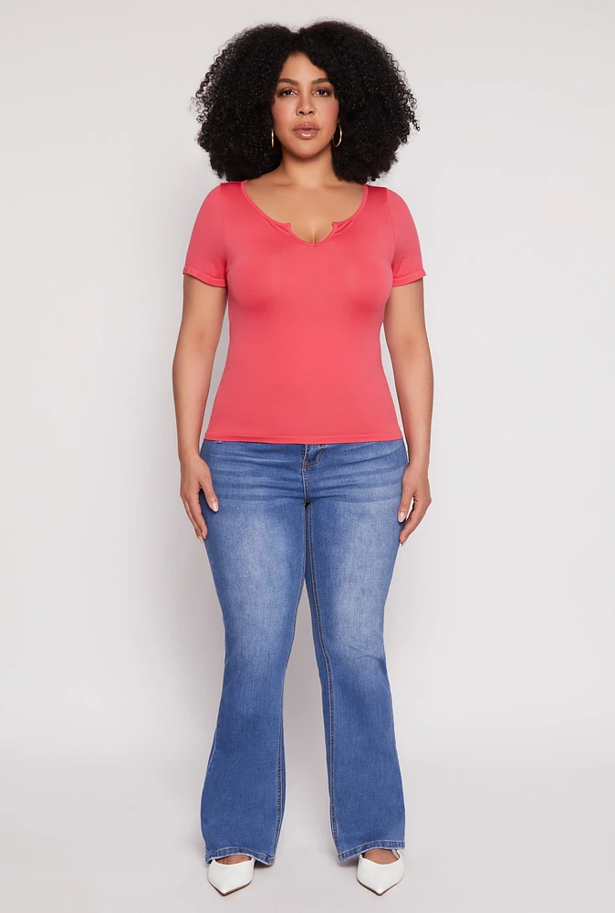 Womens Plus Size Seamless Notch Neck Tee, Pink, Size 2X-3X