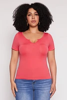 Womens Plus Size Seamless Notch Neck Tee, Pink, Size 1X-2X