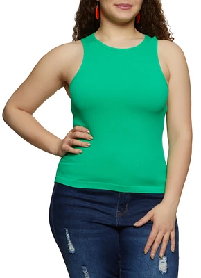 Womens Plus Size Basic Ribbed Knit Seamless Tank Top, Green, Size 2X-3X