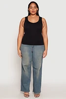 Womens Plus Seamless Ribbed Knit Trim Tank Top, 1X-2X