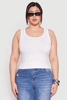 Womens Plus Size Seamless Ribbed Knit Trim Tank Top, White, Size 1X-2X