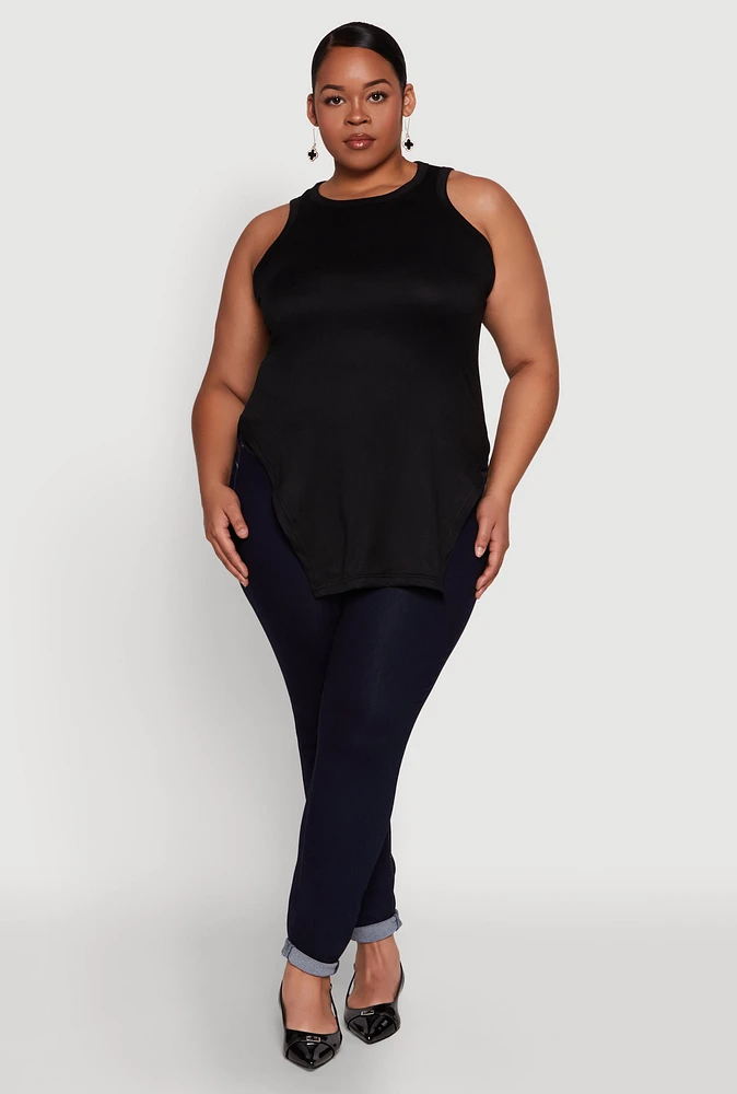 Womens Plus Size Side Slit Crew Neck Tank Top, Black, Size 4X
