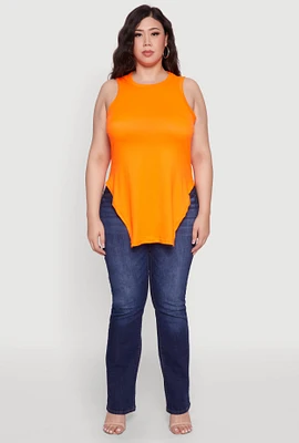 Womens Plus Side Slit Crew Neck Tank Top, Orange,