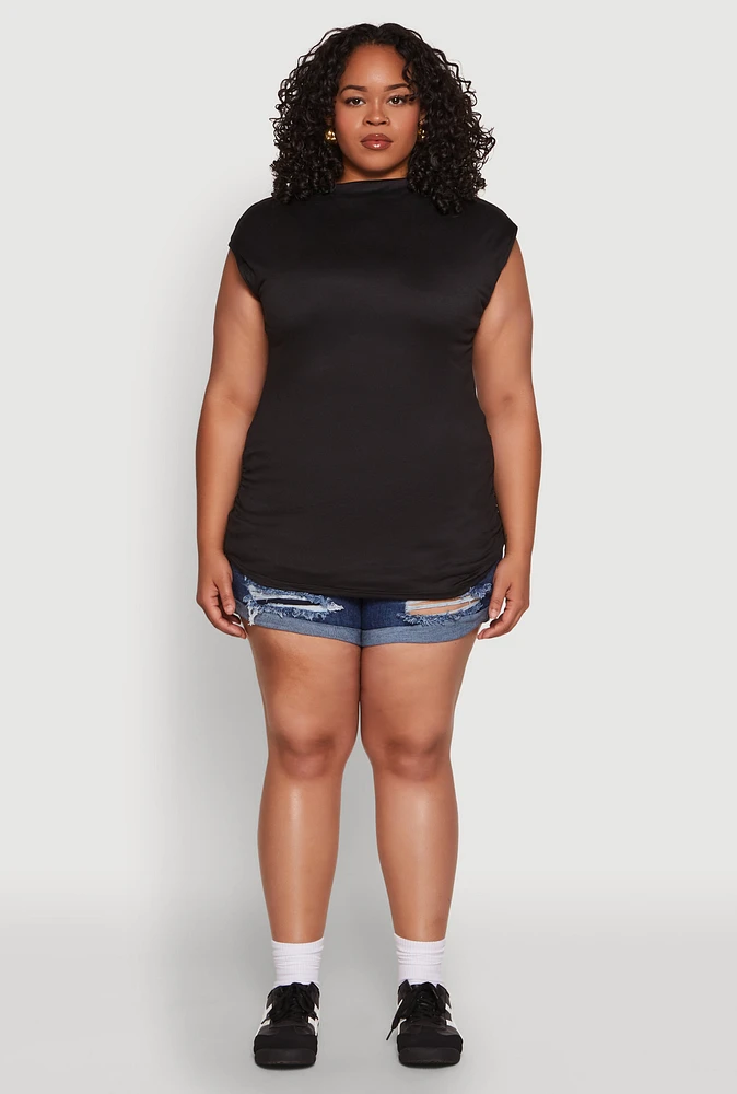 Womens Plus Ruched Cap Sleeve Top, Black,