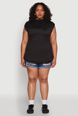 Womens Plus Ruched Cap Sleeve Top, Black,