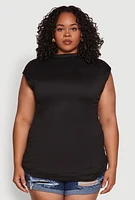 Womens Plus Ruched Cap Sleeve Top, Black,