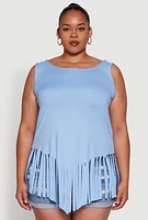 Womens Plus Size Fringe Hem Tank Top, Blue, Size 3X