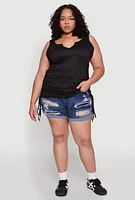 Womens Plus Ruched Notch Neck Tank Top, Black,