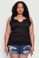 Womens Plus Ruched Notch Neck Tank Top, Black,